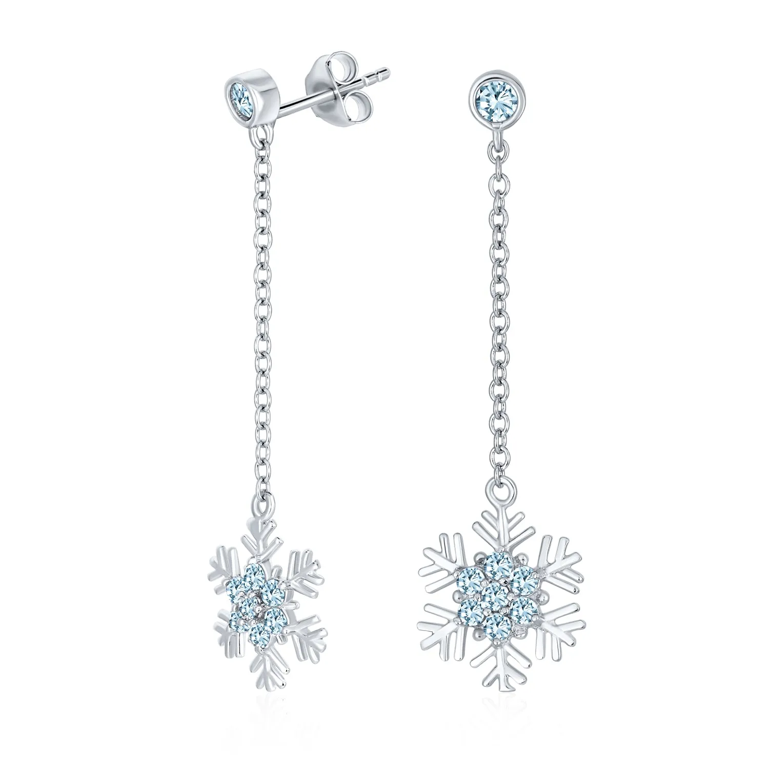 Winter Ice Blue Cubic Zirconia Snowflake Dangle Chandelier Earrings Sterling Silver