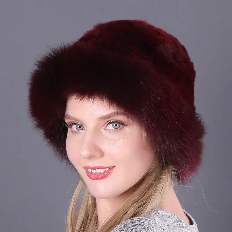 Winter warm fox fur hat Rex rabbit fur knitted hat with fox brim
