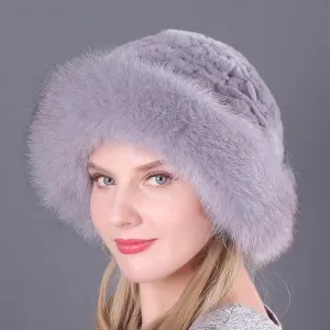 Winter warm fox fur hat Rex rabbit fur knitted hat with fox brim