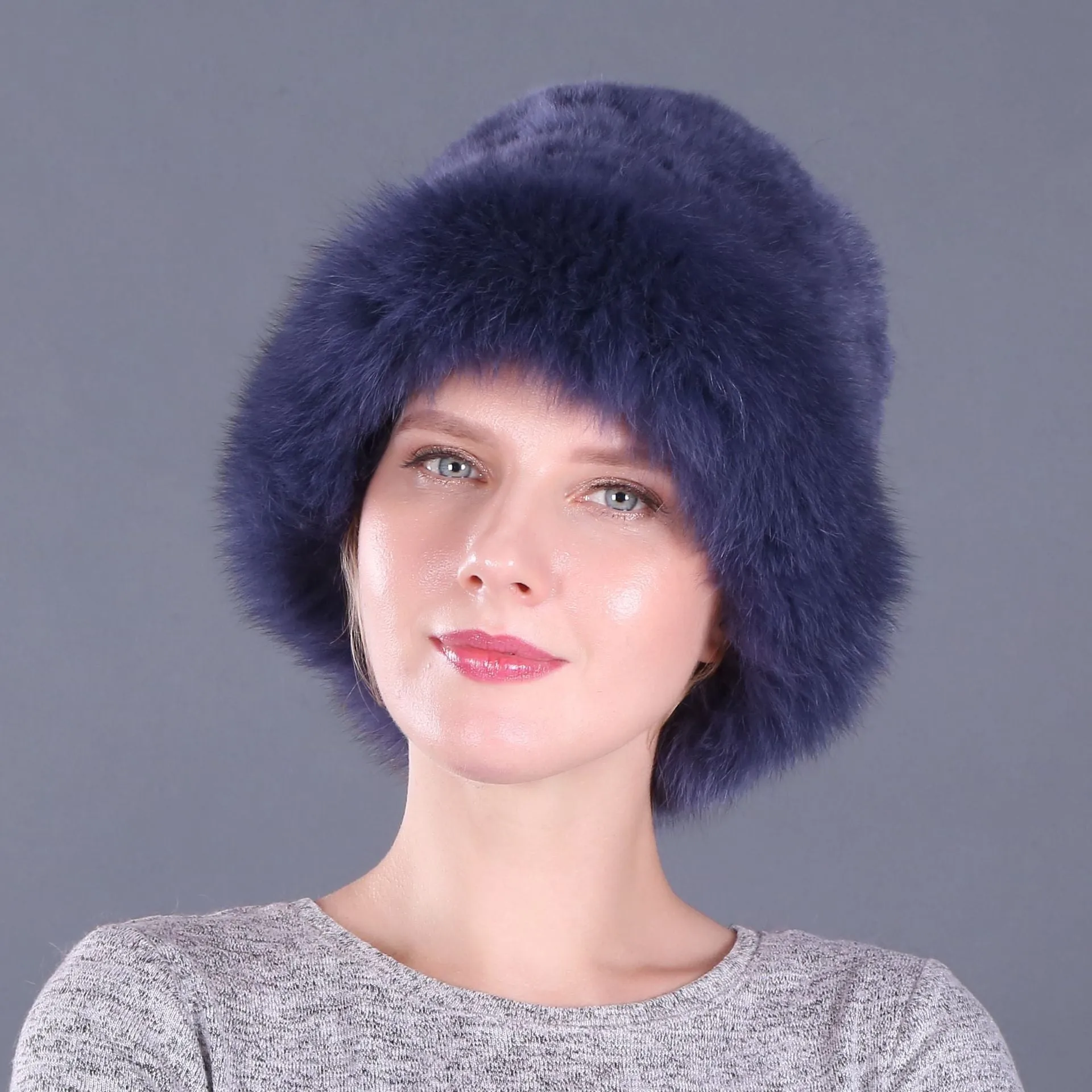 Winter warm fox fur hat Rex rabbit fur knitted hat with fox brim