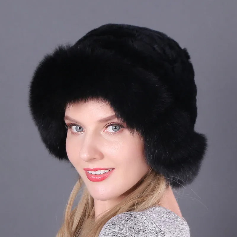 Winter warm fox fur hat Rex rabbit fur knitted hat with fox brim