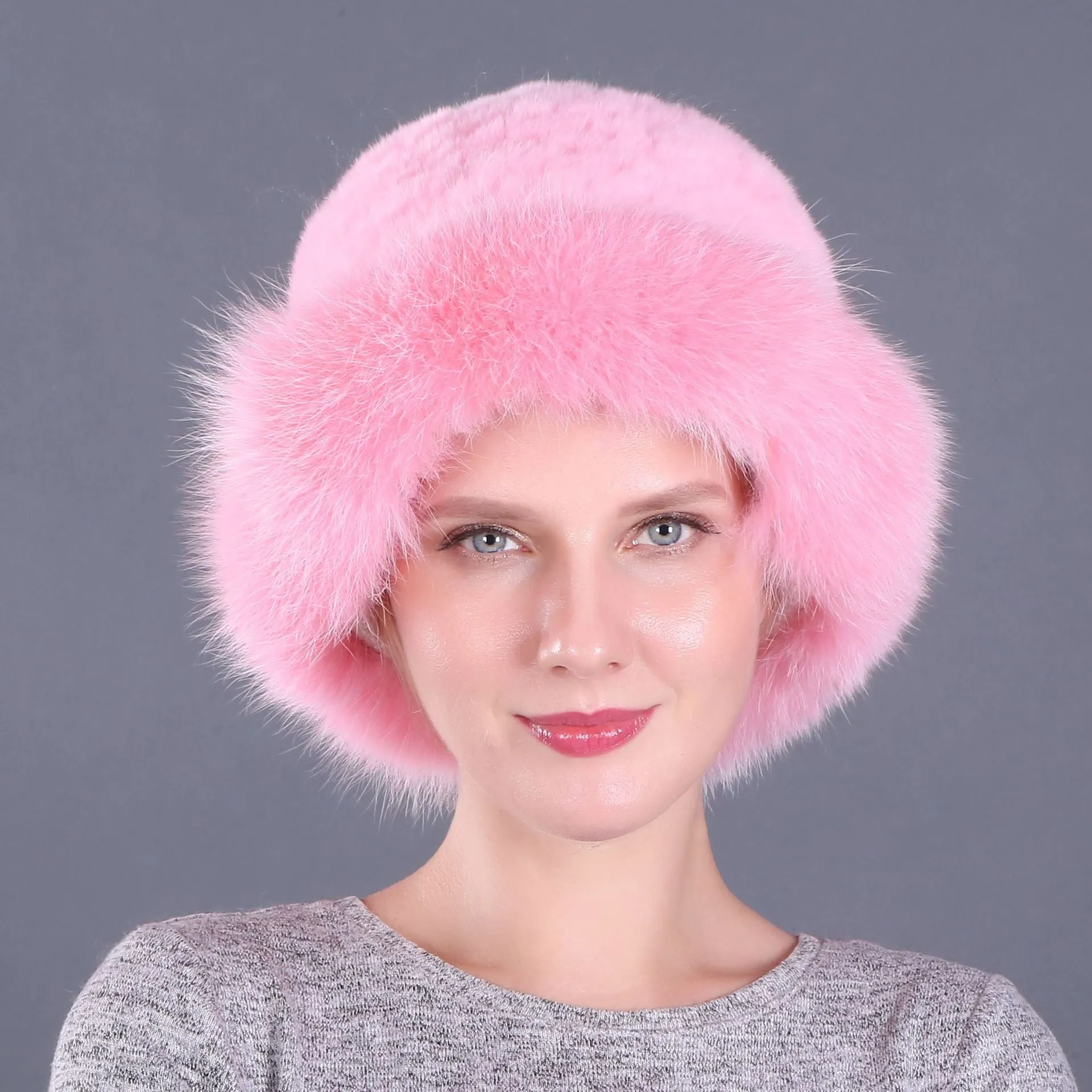 Winter warm fox fur hat Rex rabbit fur knitted hat with fox brim