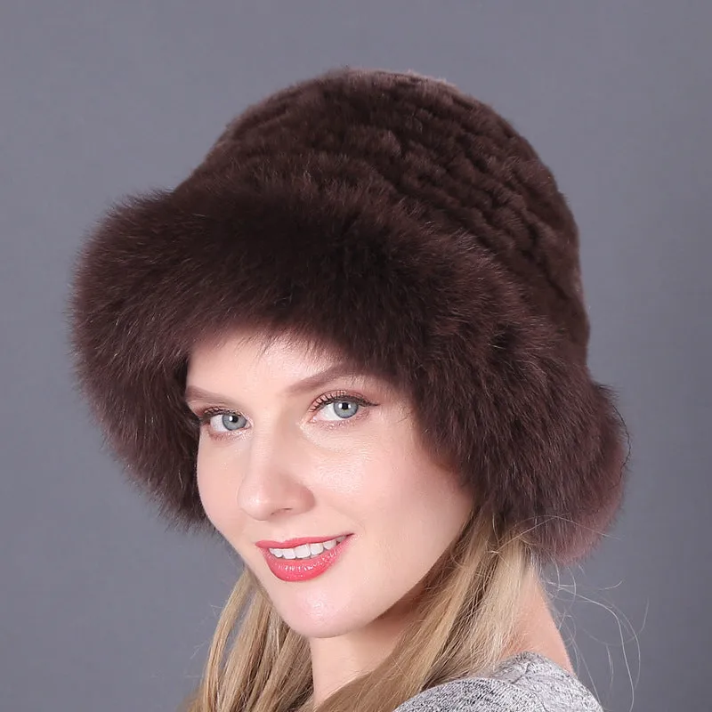 Winter warm fox fur hat Rex rabbit fur knitted hat with fox brim