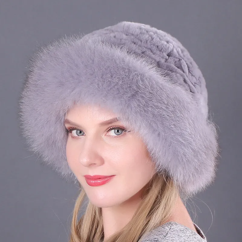 Winter warm fox fur hat Rex rabbit fur knitted hat with fox brim