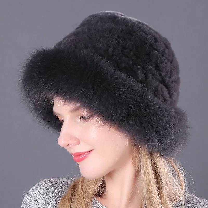 Winter warm fox fur hat Rex rabbit fur knitted hat with fox brim