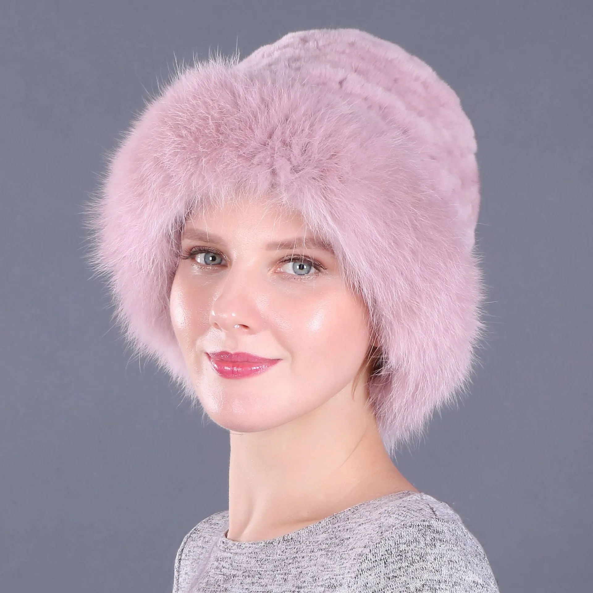 Winter warm fox fur hat Rex rabbit fur knitted hat with fox brim
