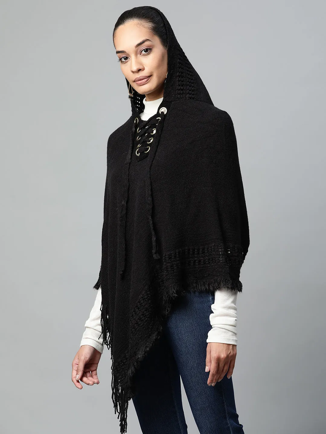 Women Black Hooded Lace-Up Asymmetric Poncho