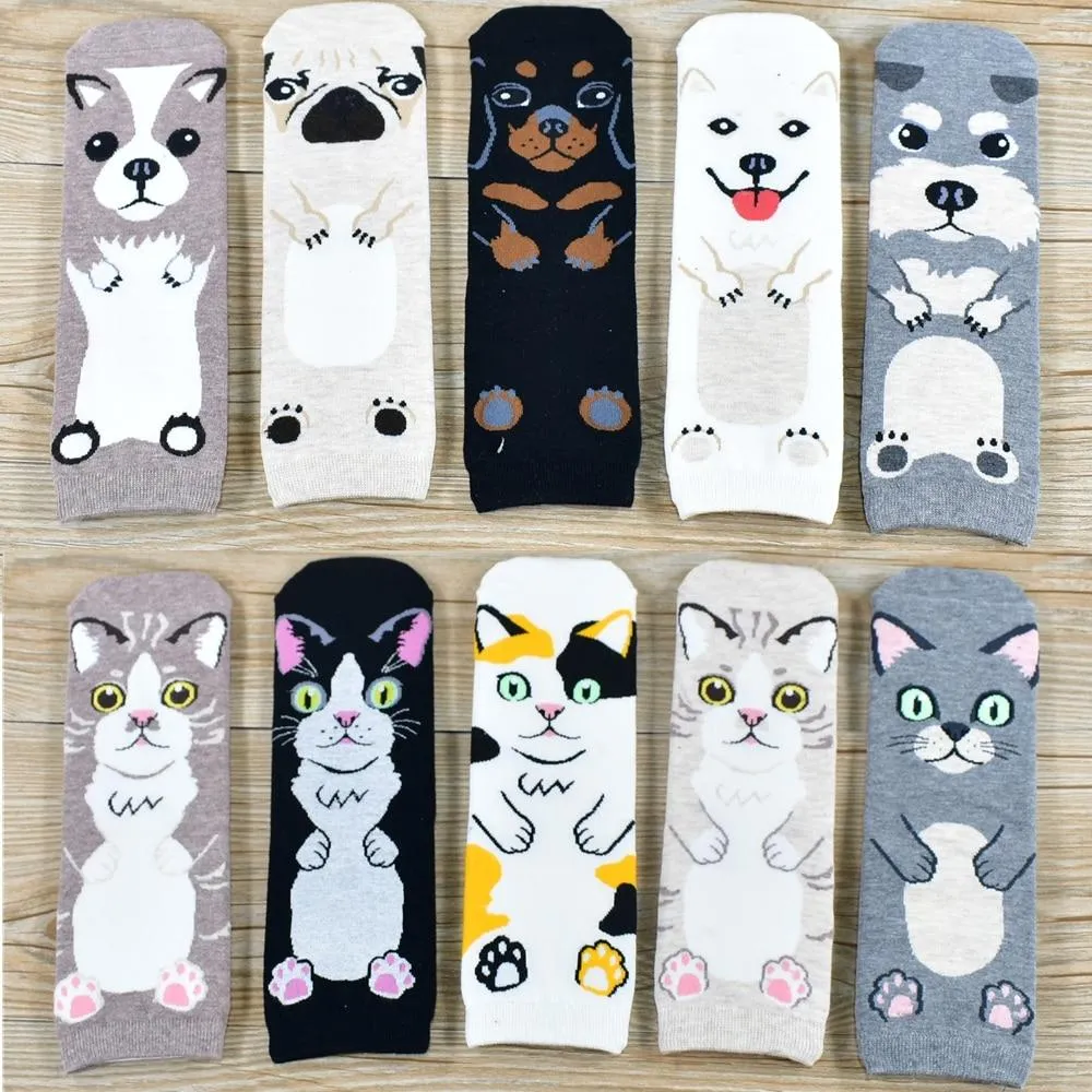 Women Cartoon Pug Kitten Print Pattern Cotton Socks
