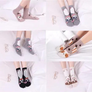 Women Cartoon Pug Kitten Print Pattern Cotton Socks