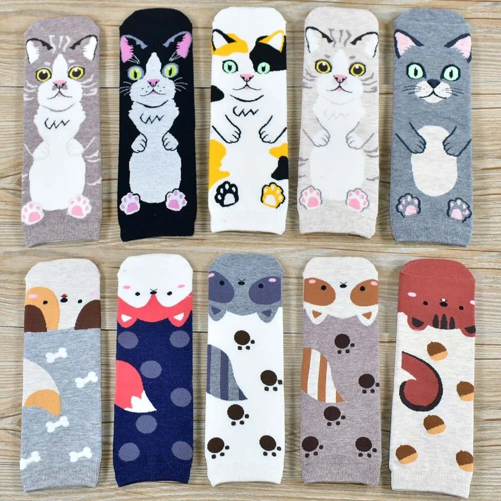 Women Cartoon Pug Kitten Print Pattern Cotton Socks