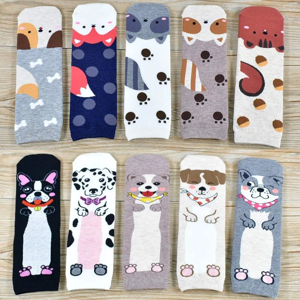 Women Cartoon Pug Kitten Print Pattern Cotton Socks