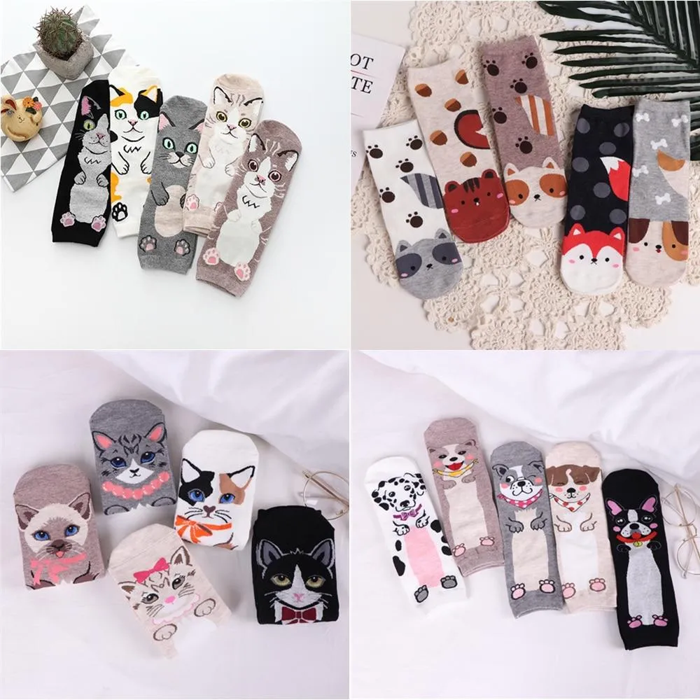 Women Cartoon Pug Kitten Print Pattern Cotton Socks