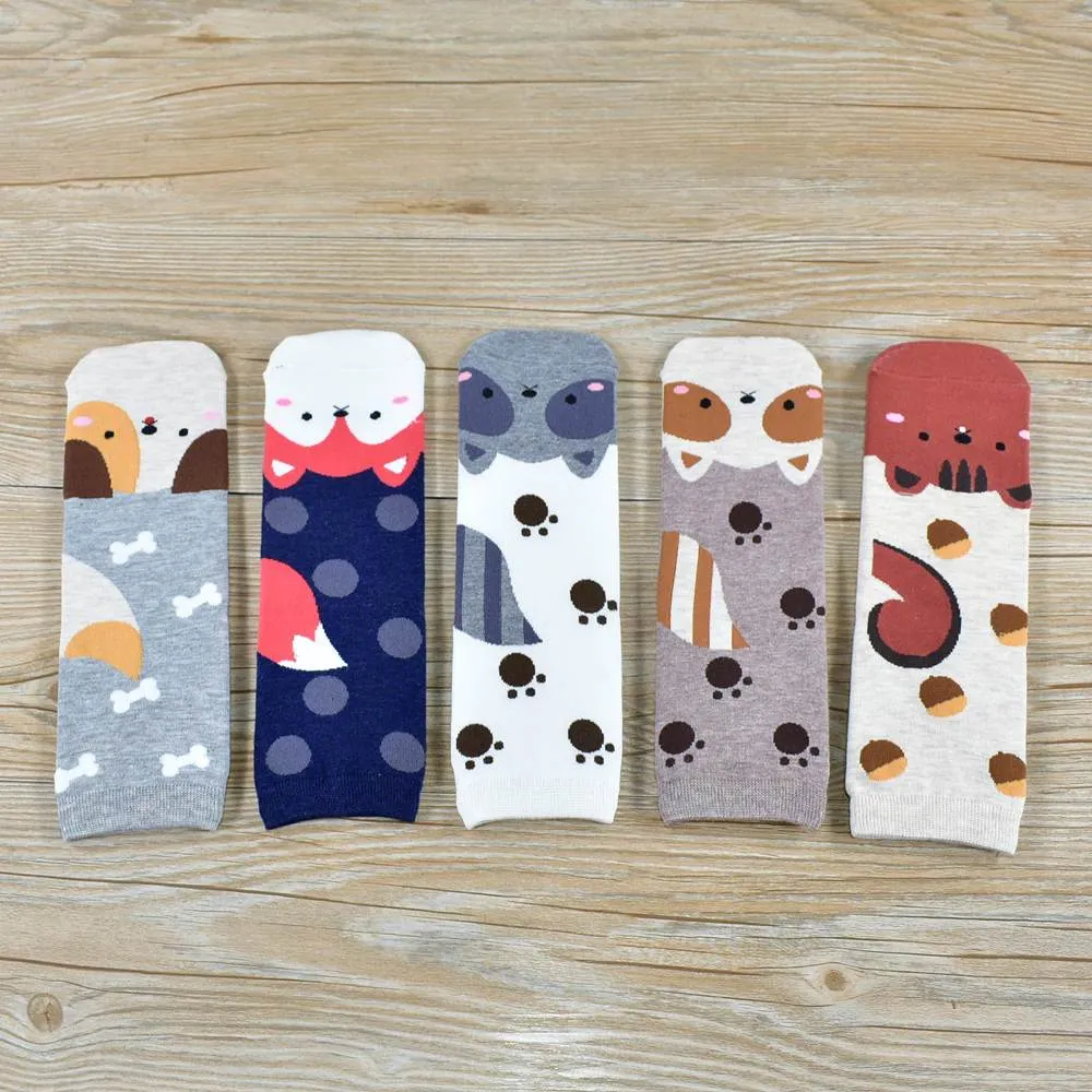 Women Cartoon Pug Kitten Print Pattern Cotton Socks