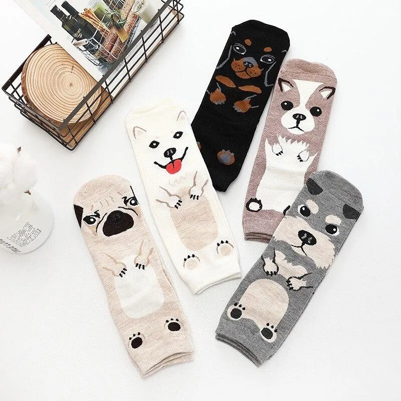 Women Cartoon Pug Kitten Print Pattern Cotton Socks