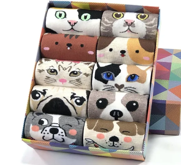 Women Cartoon Pug Kitten Print Pattern Cotton Socks