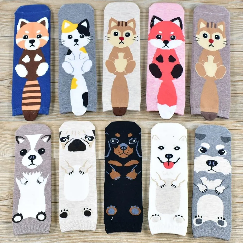 Women Cartoon Pug Kitten Print Pattern Cotton Socks