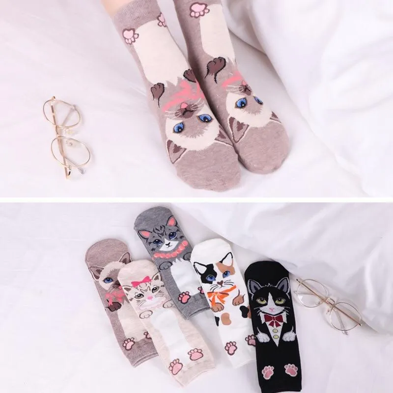 Women Cartoon Pug Kitten Print Pattern Cotton Socks