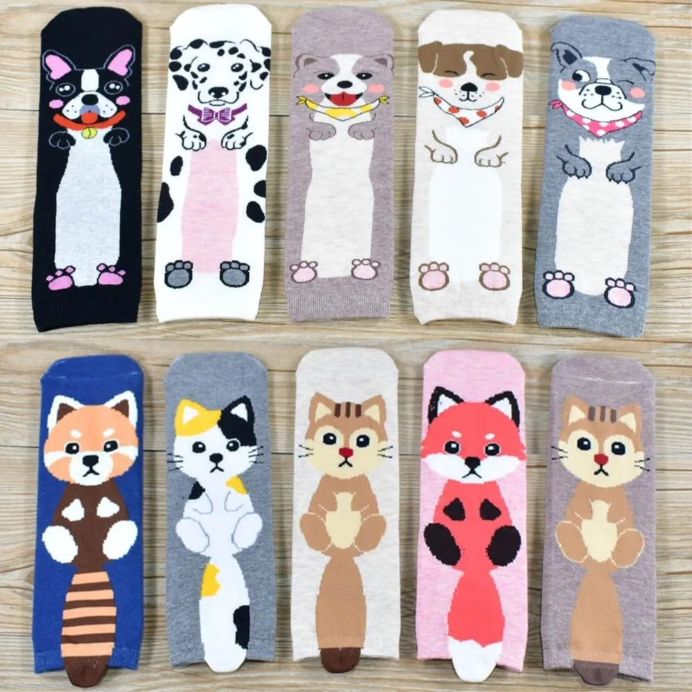 Women Cartoon Pug Kitten Print Pattern Cotton Socks