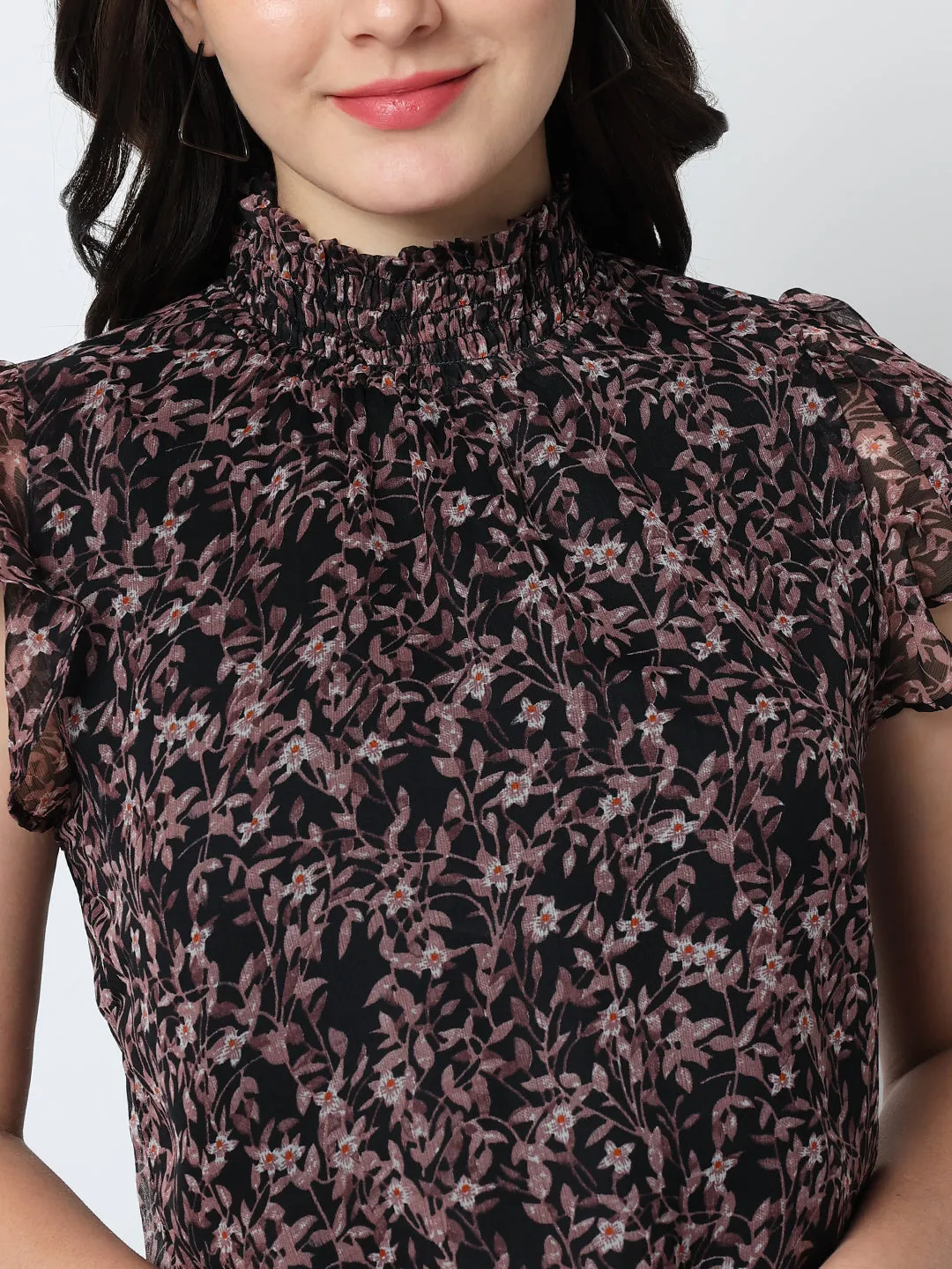 Women Floral Print Chiffon Black Top