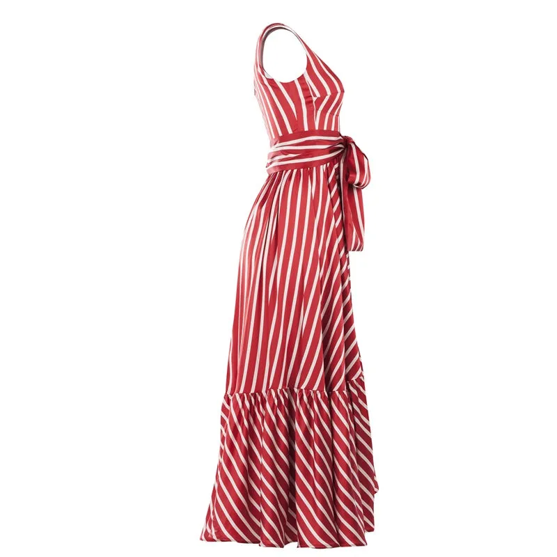 Women Red White Stripes Summer Maxi Dress