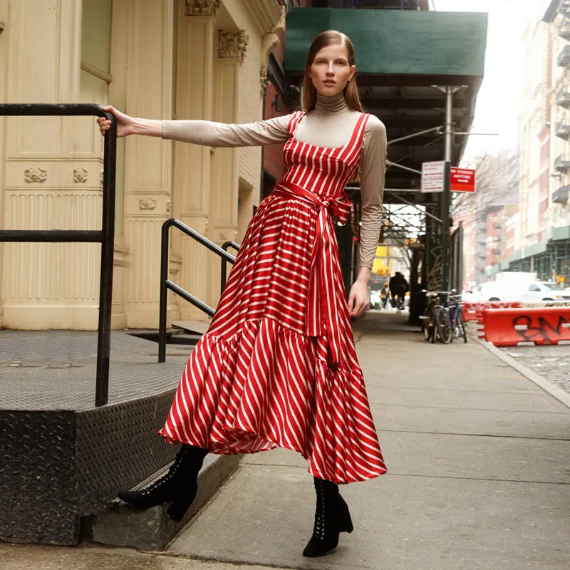 Women Red White Stripes Summer Maxi Dress