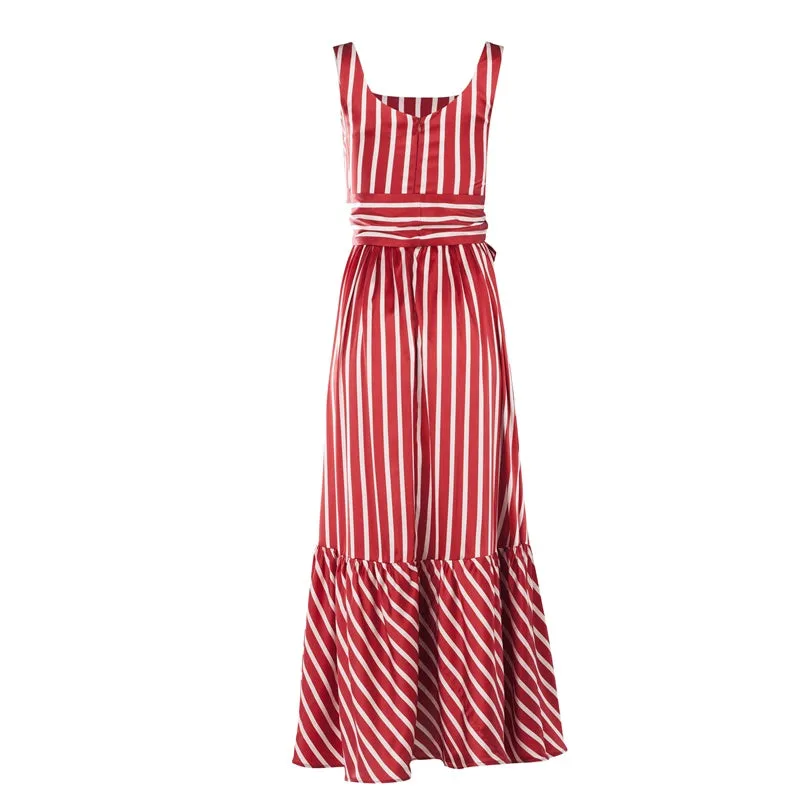 Women Red White Stripes Summer Maxi Dress