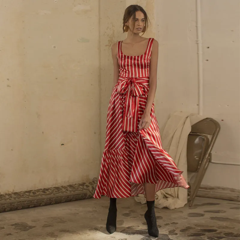 Women Red White Stripes Summer Maxi Dress