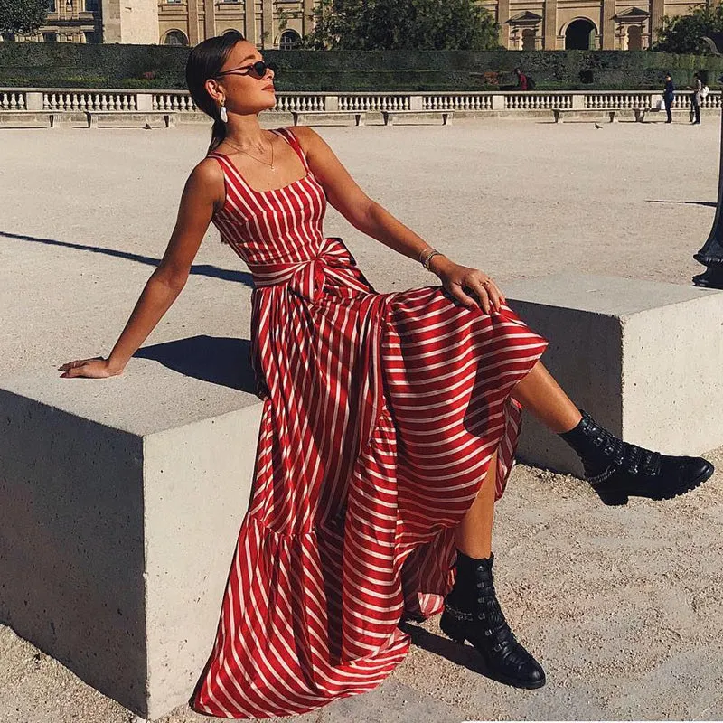 Women Red White Stripes Summer Maxi Dress