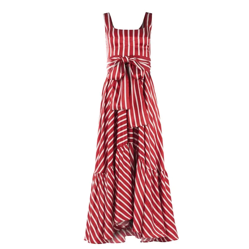 Women Red White Stripes Summer Maxi Dress
