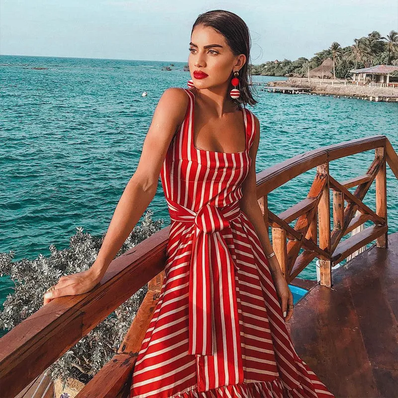 Women Red White Stripes Summer Maxi Dress