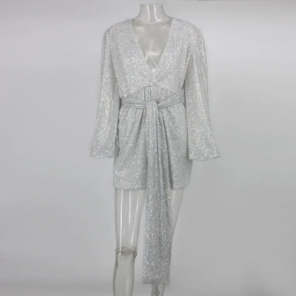 Women's Autumn A-Line V-Neck Sequin Mini Dress