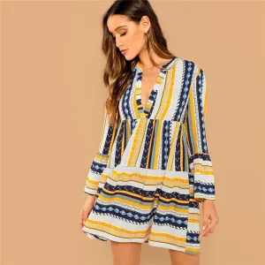 Women's Casual V-Neck A-Line Dress With Stripe Print