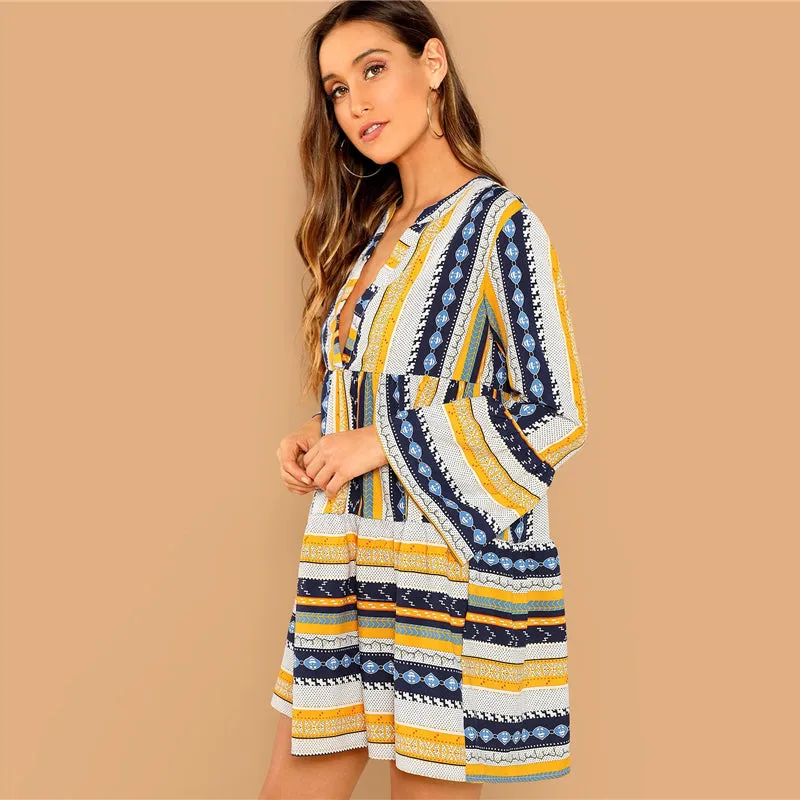 Women's Casual V-Neck A-Line Dress With Stripe Print