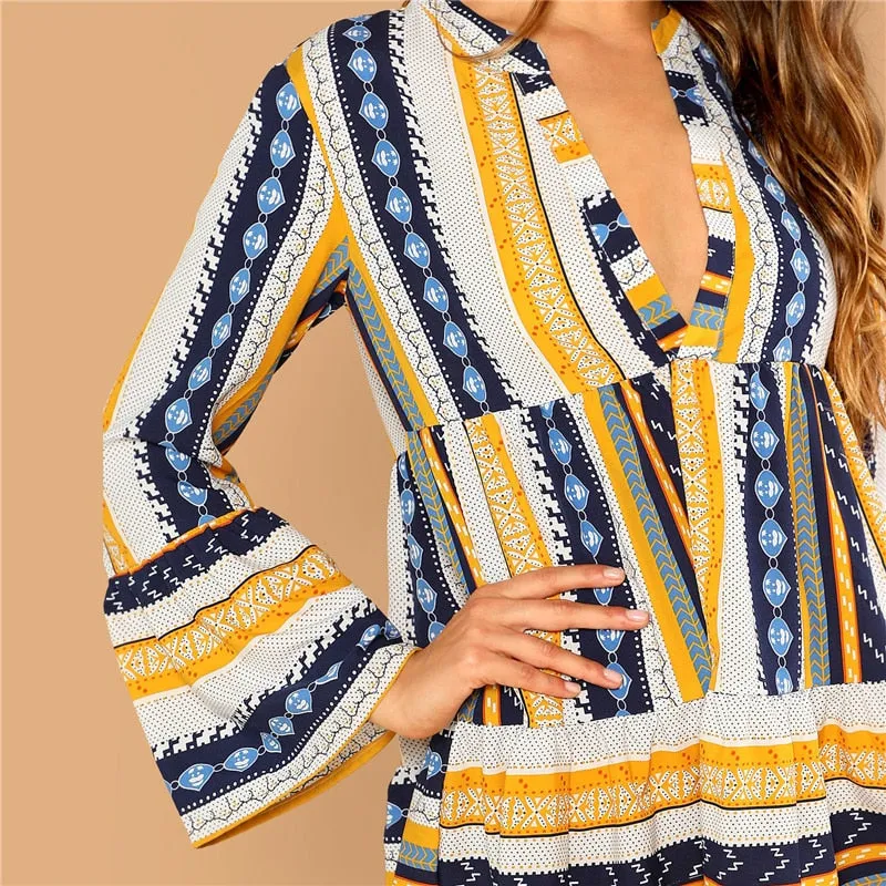 Women's Casual V-Neck A-Line Dress With Stripe Print