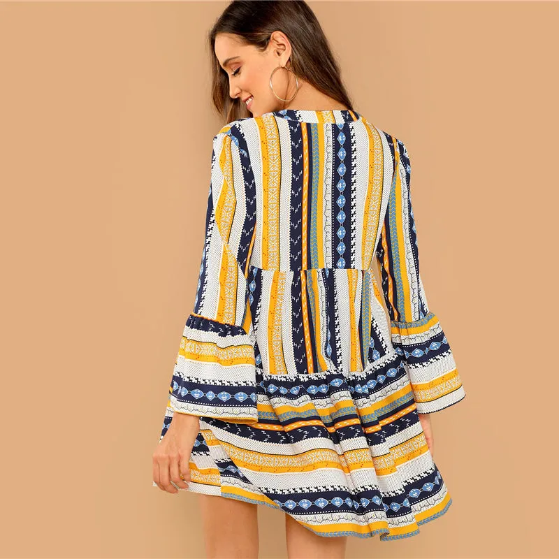 Women's Casual V-Neck A-Line Dress With Stripe Print