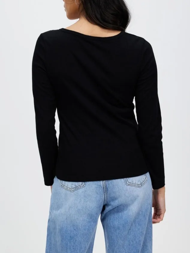 Women's Classic-Fit Long-Sleeve Crewneck Black T-Shirt by Kaja Clothing -Gaia Top