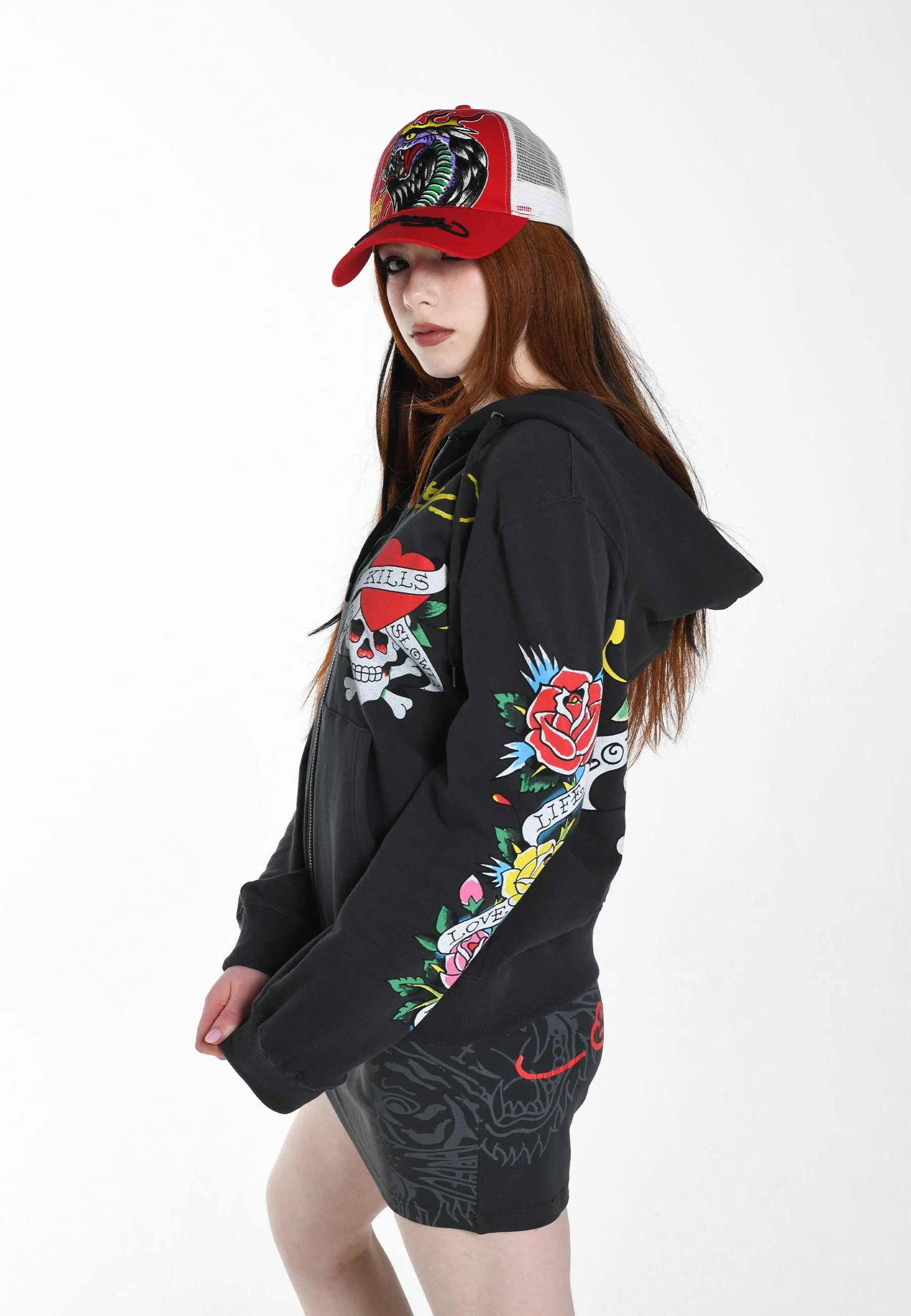 Womens Lucky-Love Graphic Zip Through Hoodie - Charcoal
