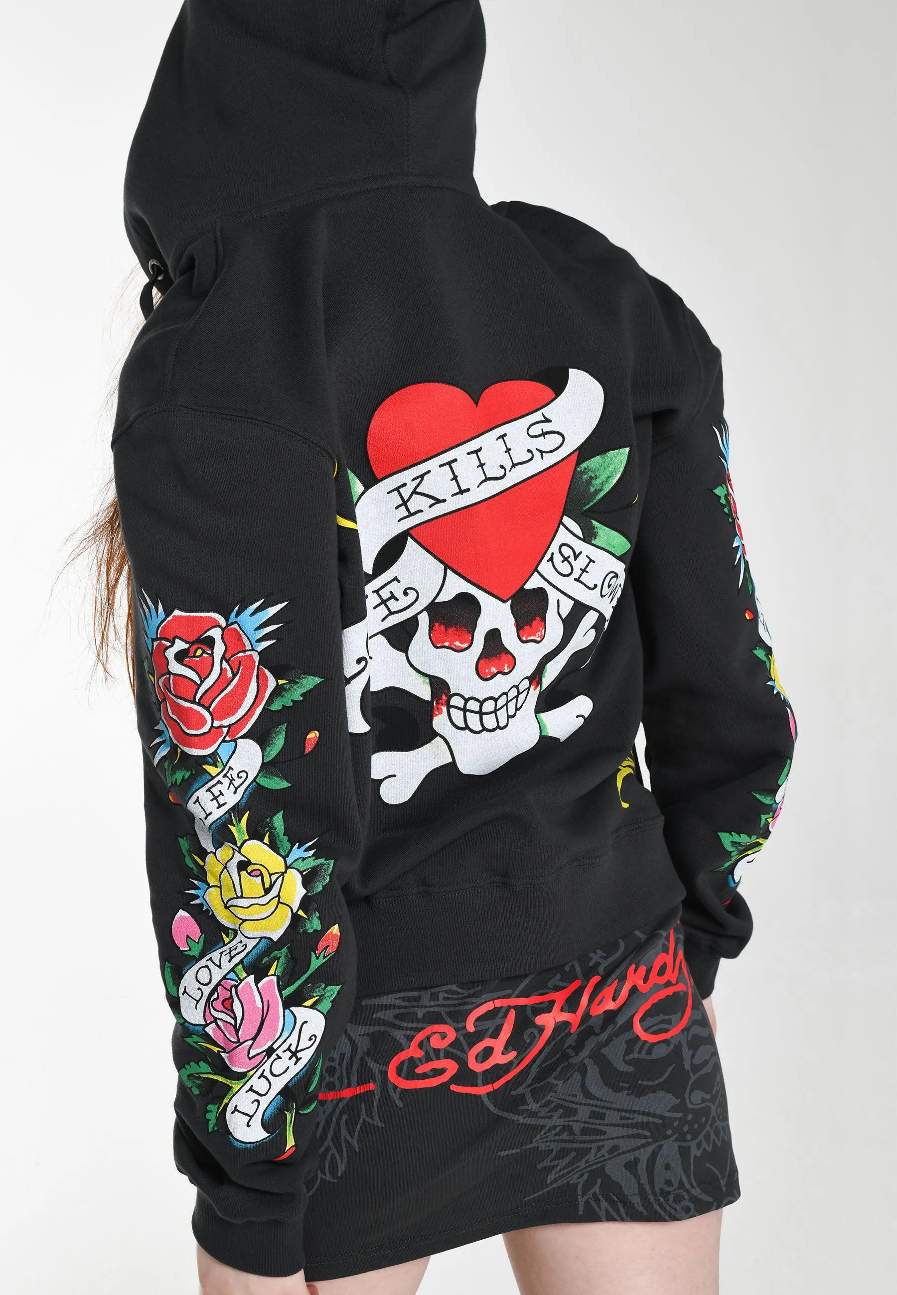 Womens Lucky-Love Graphic Zip Through Hoodie - Charcoal