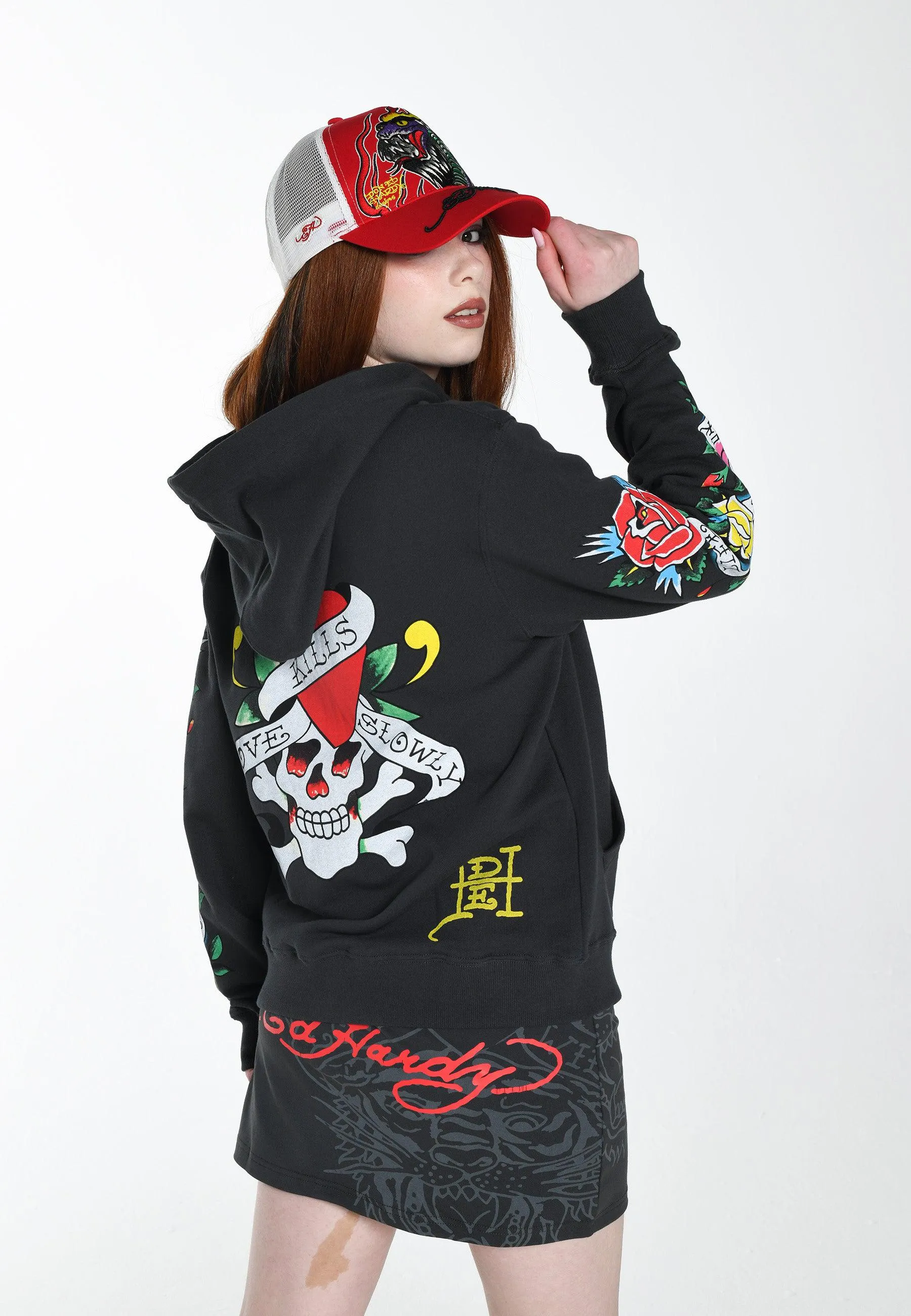 Womens Lucky-Love Graphic Zip Through Hoodie - Charcoal