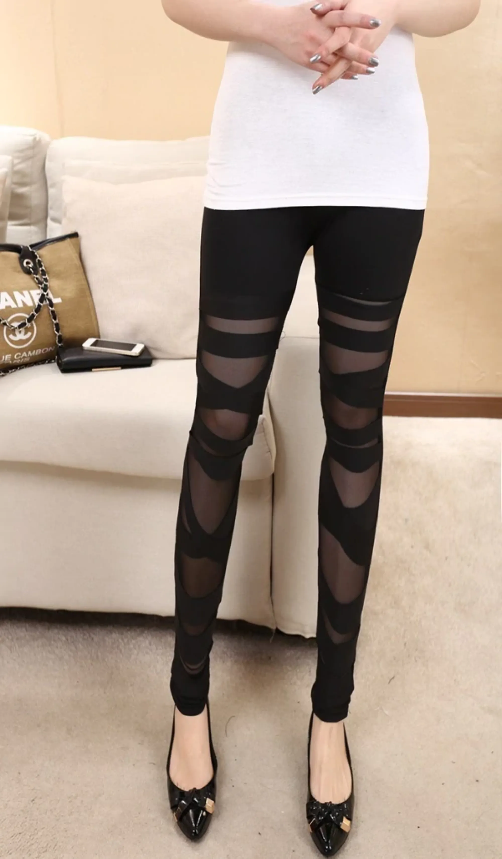 Women's Patchwork Mid-Waist Long Skinny Leggings