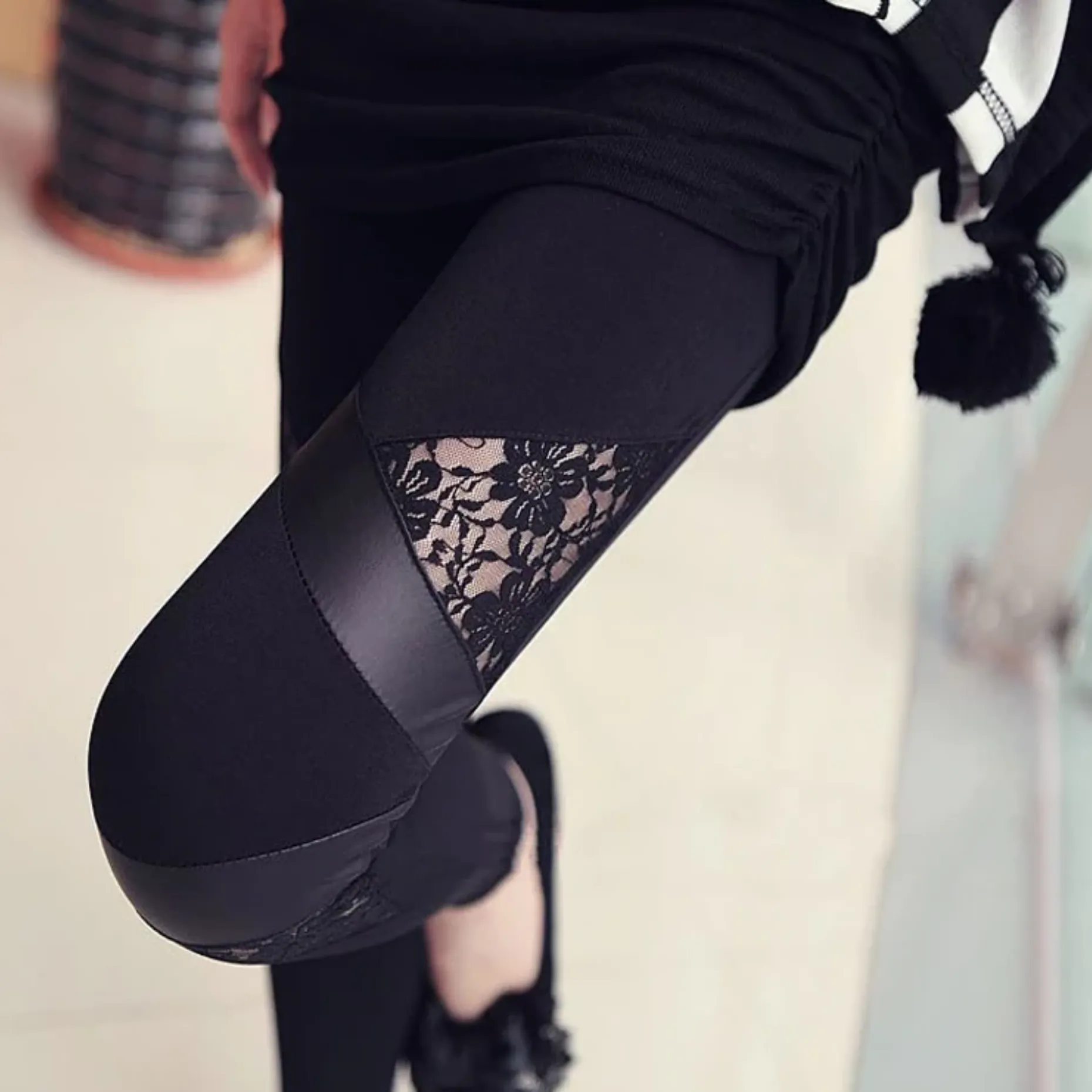 Women's Patchwork Mid-Waist Long Skinny Leggings