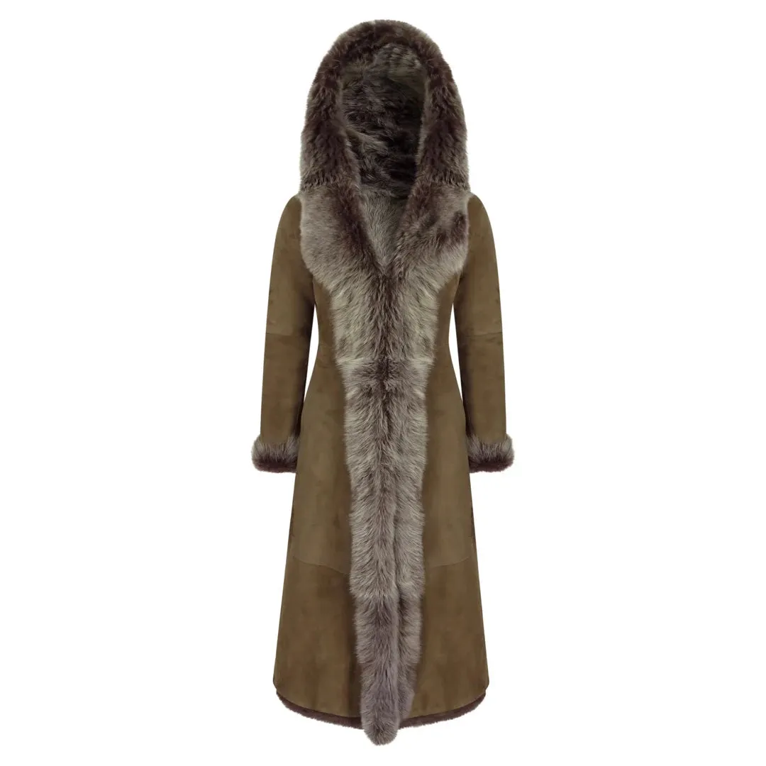 Women's Suede Toscana Full Length Hooded Taupe Sheepskin Trench Coat