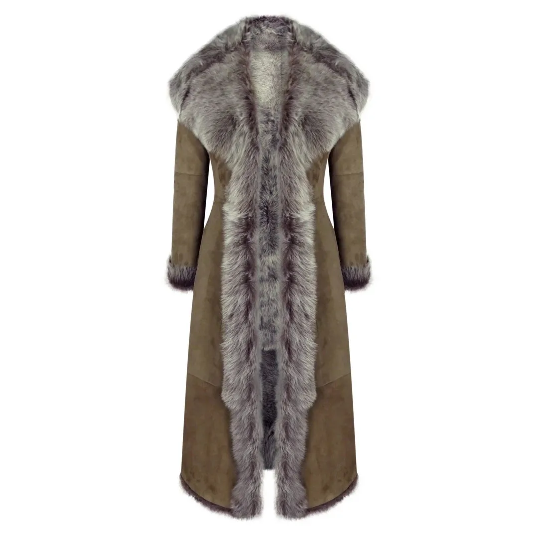 Women's Suede Toscana Full Length Hooded Taupe Sheepskin Trench Coat