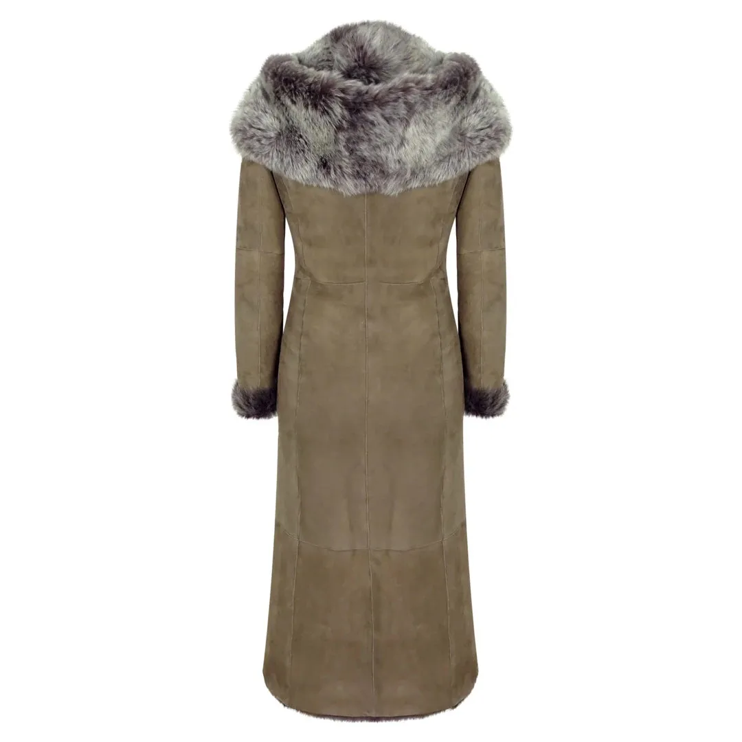 Women's Suede Toscana Full Length Hooded Taupe Sheepskin Trench Coat