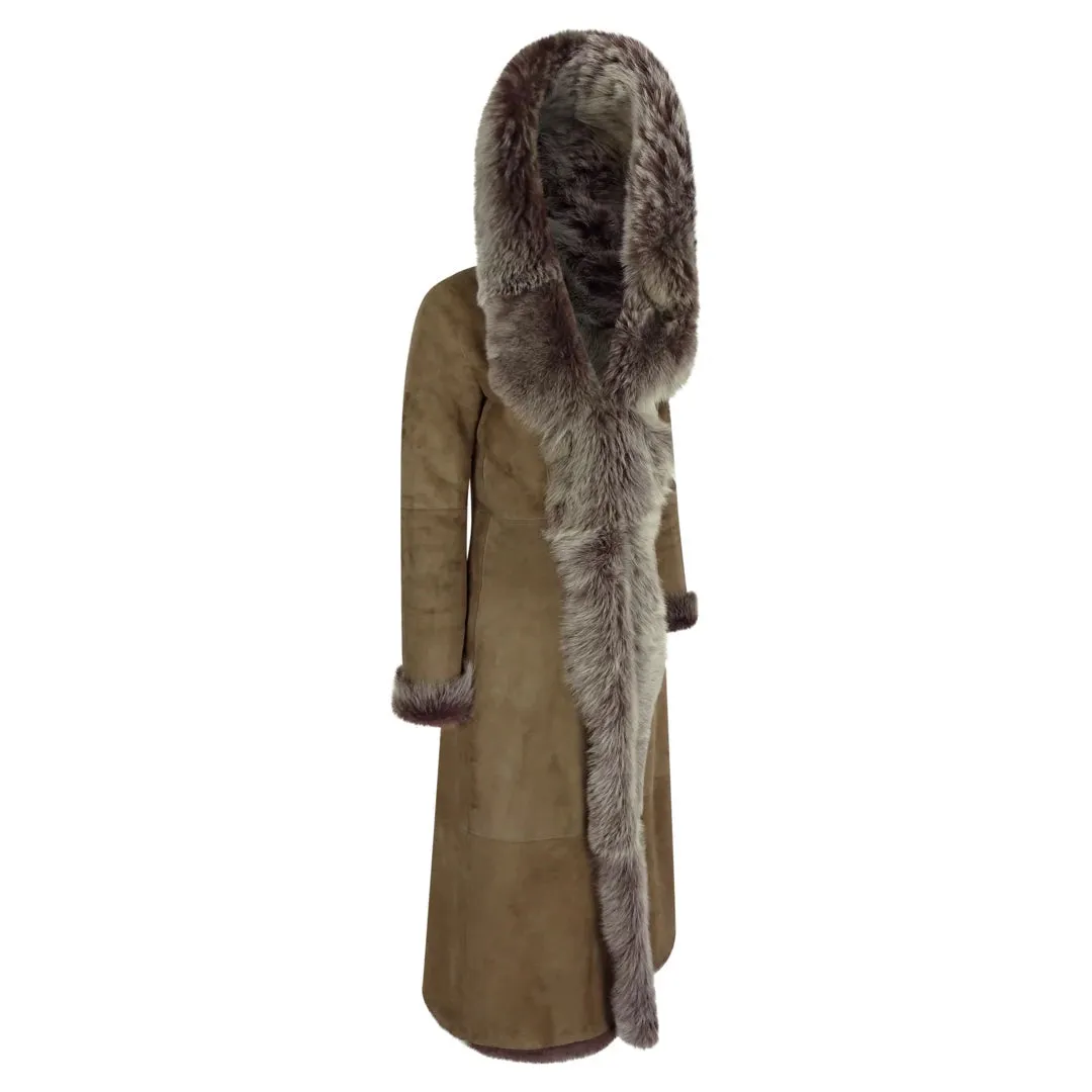 Women's Suede Toscana Full Length Hooded Taupe Sheepskin Trench Coat