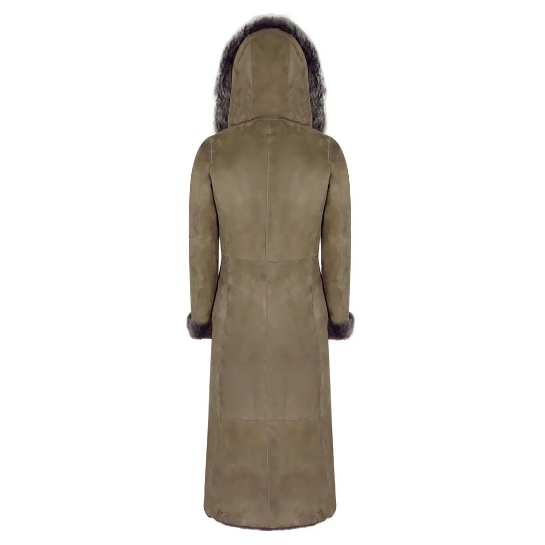 Women's Suede Toscana Full Length Hooded Taupe Sheepskin Trench Coat