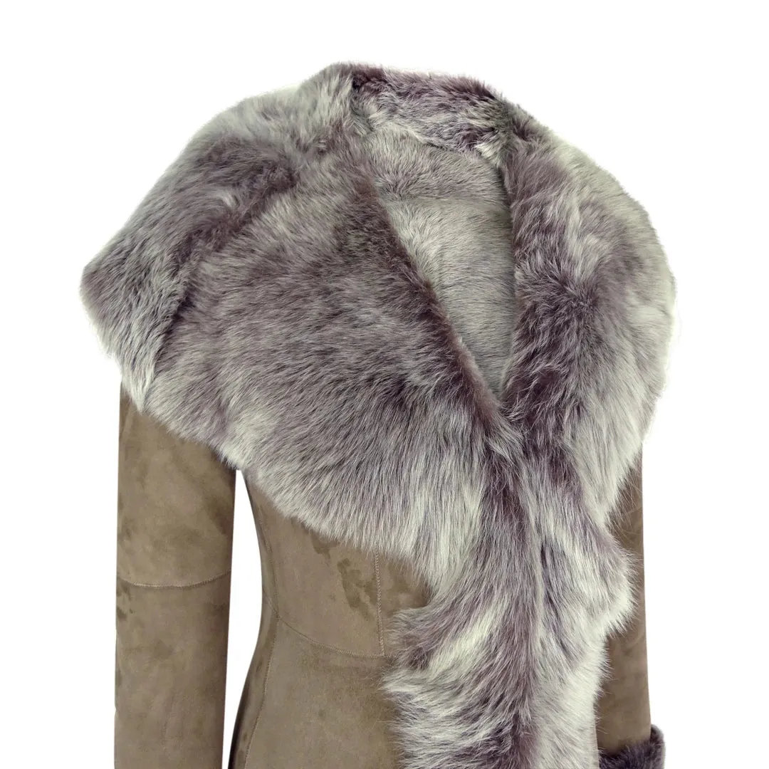 Women's Suede Toscana Full Length Hooded Taupe Sheepskin Trench Coat