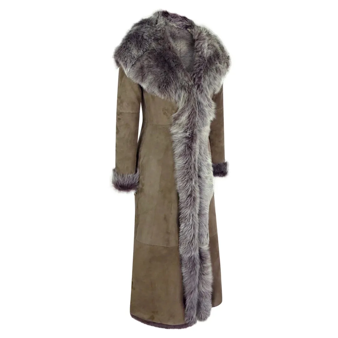 Women's Suede Toscana Full Length Hooded Taupe Sheepskin Trench Coat
