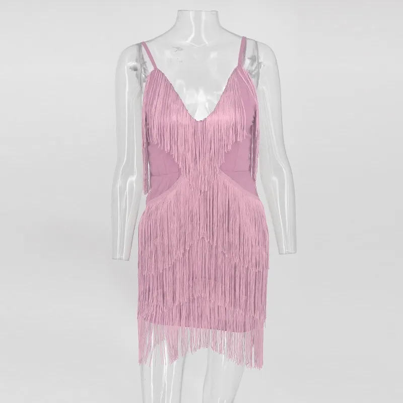 Women's Summer Polyester Sheath V-Neck Mini Dress With Tassels