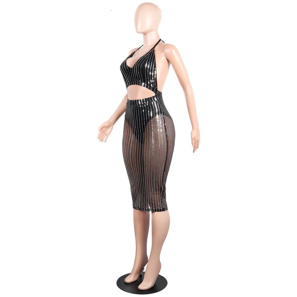Women's Summer Sleeveless Sheath Two-Piece Sequin Dress